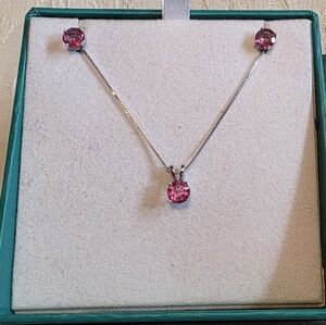 Effy 14K White Gold Pink Topaz Necklace & Stud Earrings Set 18" 10k WG Chain